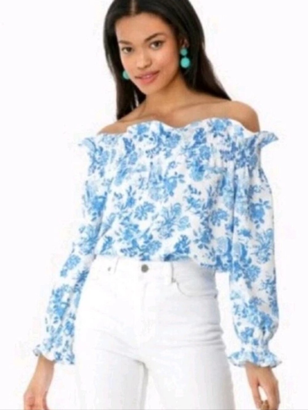 Tuckernuck Marguerite Blouse Off Shoulder Pop Over Blue Floral Print M